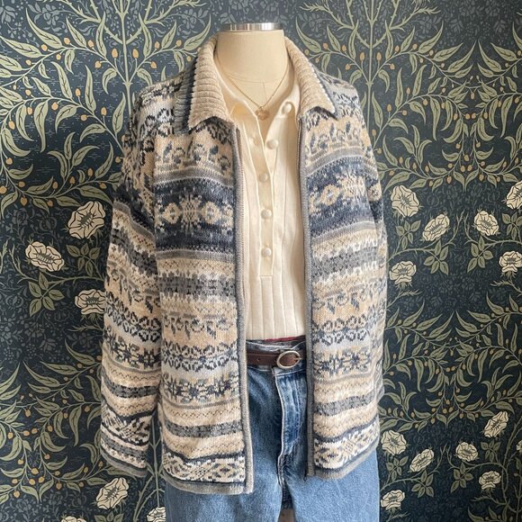 Heirloom Collectilbes Sweaters - Vintage 90s Fair Isle Nordic Zip Up Cotton & Ramie Knit Cardigan